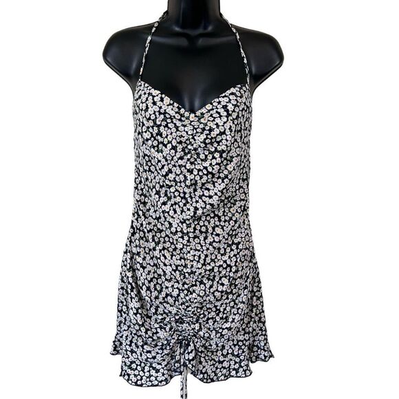 Princess Polly McLeod Blue Floral Drawstring Ruched Halter Ruffle Mini Dress - Picture 1 of 16